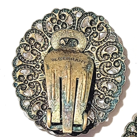 WEST GERMANY BLUE PORPHYRY GLASS CLIP-ON EARRINGS - VINTAGE SIGNED - Picture 5 of 7